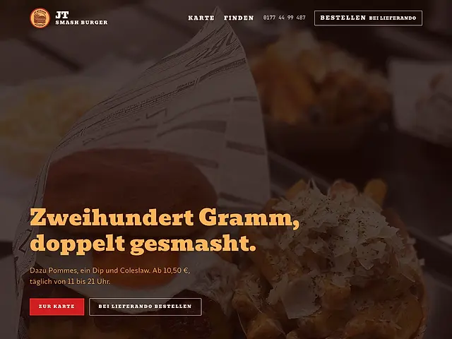 Startseite der gebauten Seite für JT Smash Burger