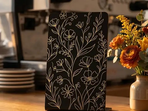 Erzeugte Ansicht: schwarzer NFC-Aufsteller mit einem floralen Linienmotiv in Gold auf einem gedeckten Holztisch