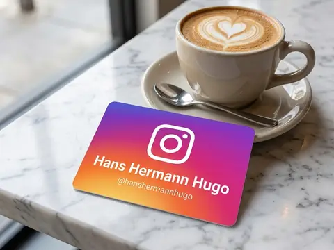 Erzeugte Ansicht: NFC-Karte im Instagram-Farbverlauf mit dem Instagram-Zeichen, dem Beispielnamen Hans Hermann Hugo und dem Handle @hanshermannhugo, auf einer Marmortheke neben einem Cappuccino
