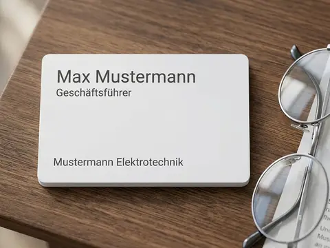 Erzeugte Ansicht: weisse NFC-Karte als Visitenkarte mit dem Beispielnamen Max Mustermann, Geschäftsführer, Mustermann Elektrotechnik, auf einem dunklen Holztisch neben einer Lesebrille